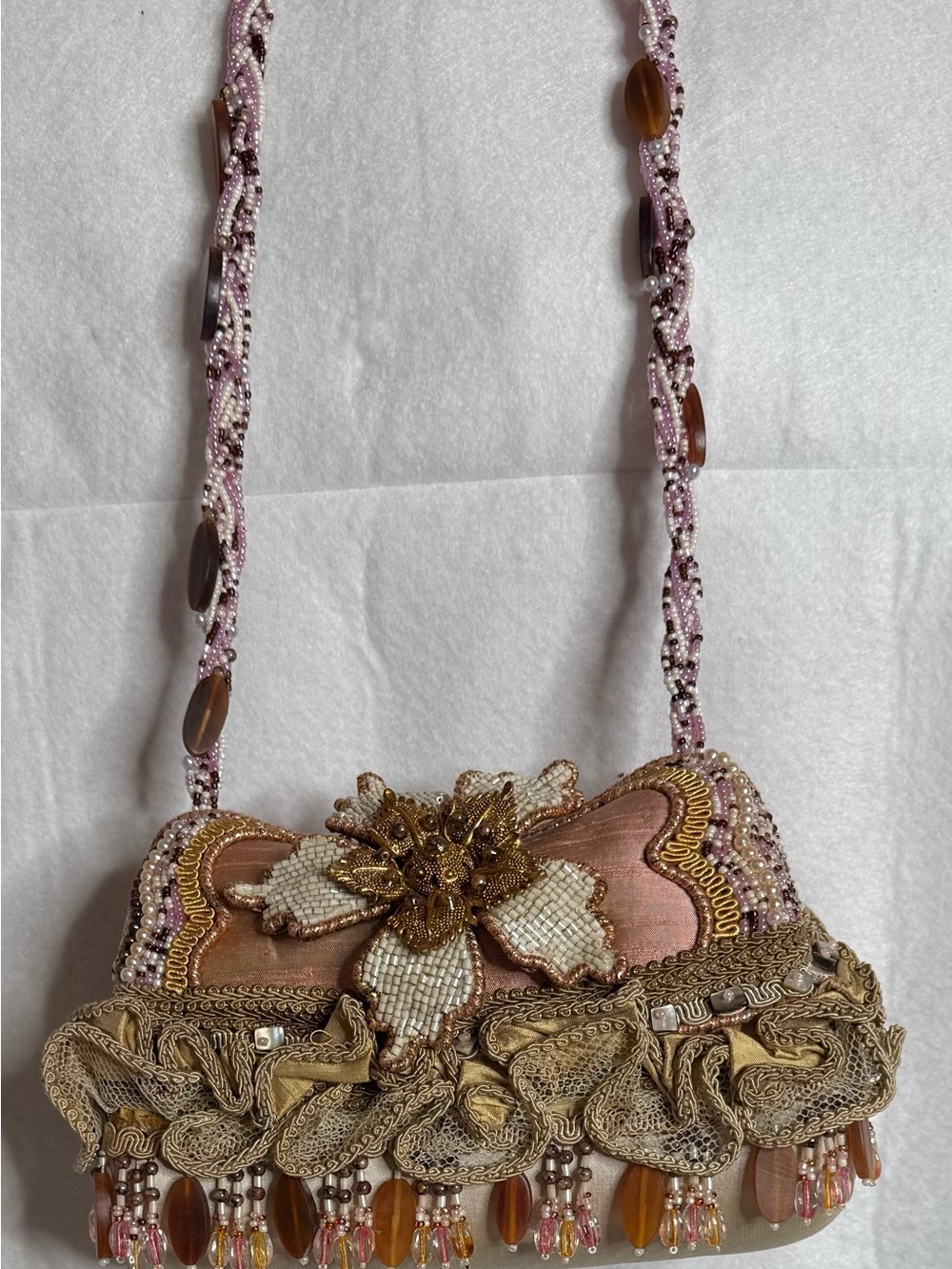 Mary Francis Embellished Pink Beaded Shoulder Bag